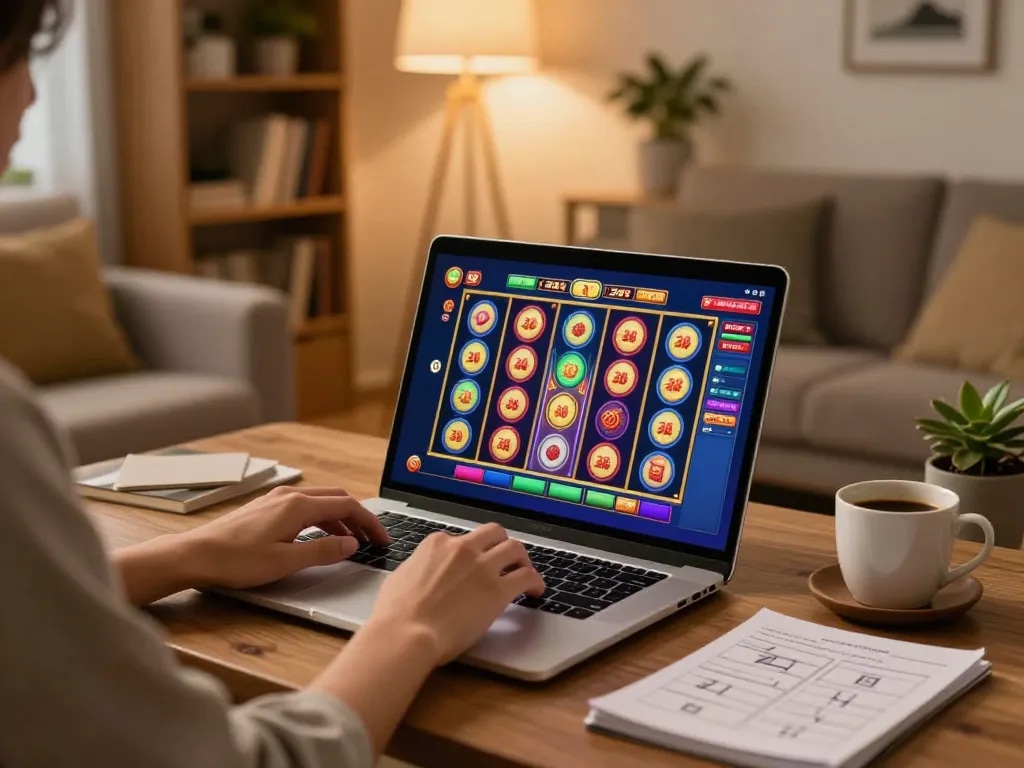 Engaging scene of a player exploring slot toto online games from a cozy home setup.