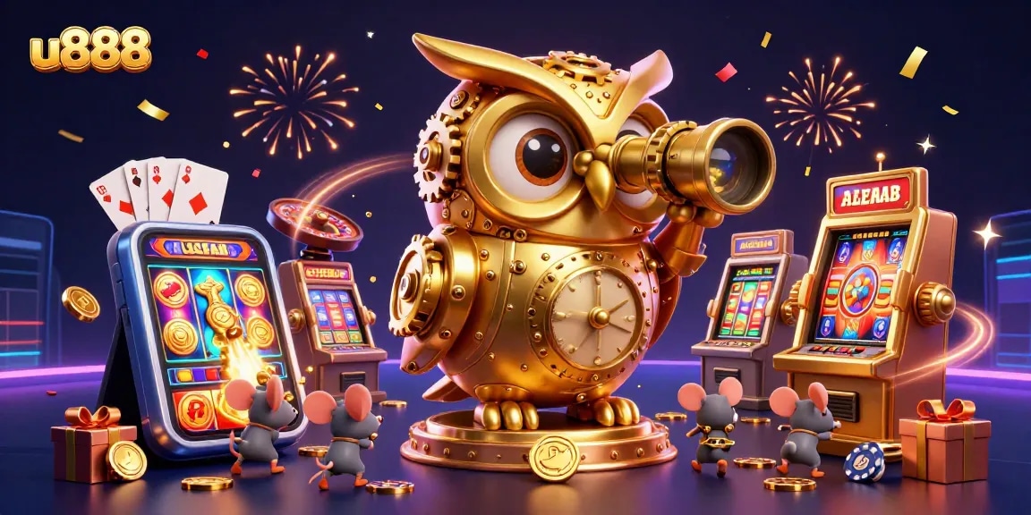 Spin the reels with u888's lively golden owl in a vibrant casino scene of excitement.