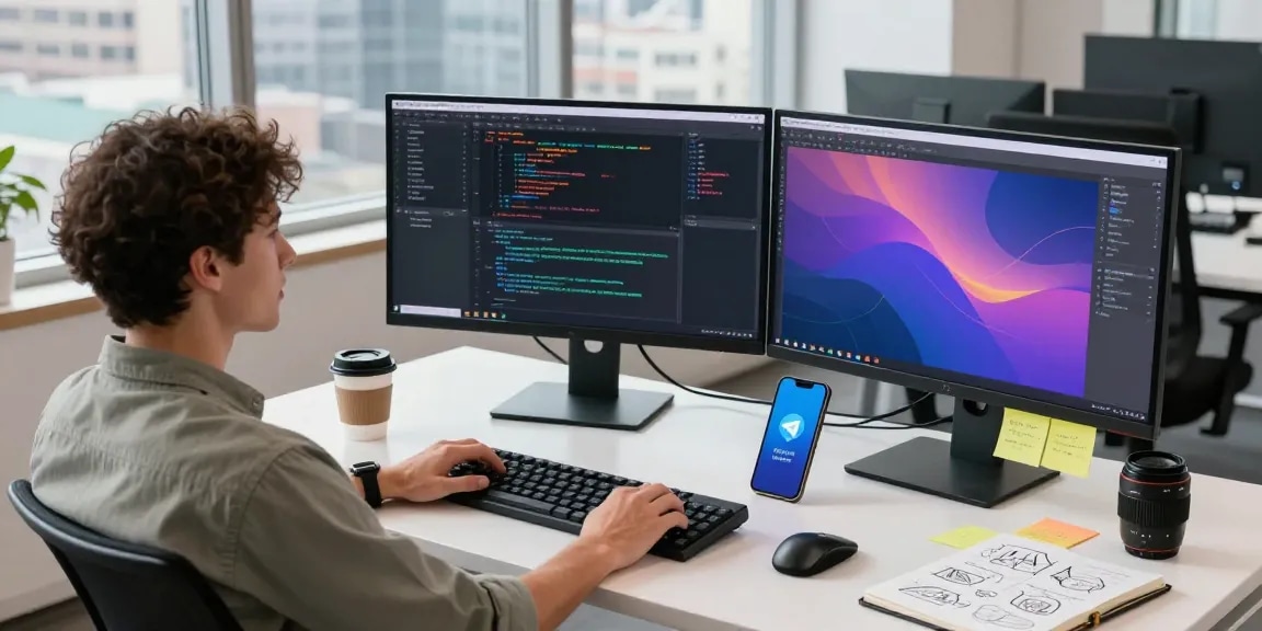 Developer coding on dual monitors in a modern workspace, showcasing 纸飞机中文版 integration.