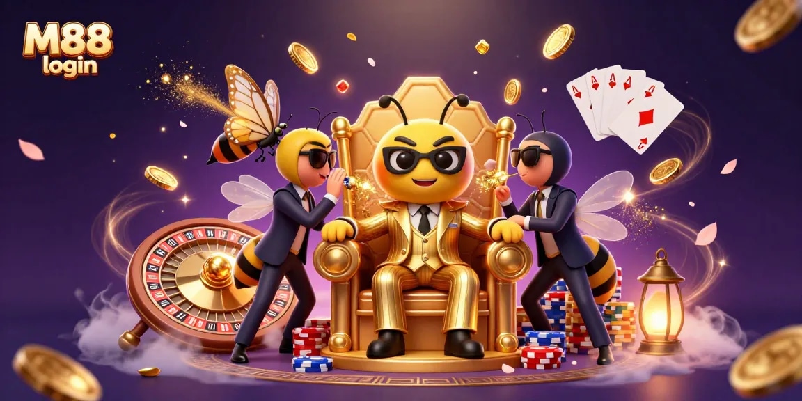 M88 login offers thrilling casino action with a bumblebee mob boss surrounded by riches and excitement.