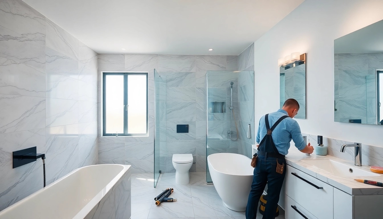 Bathroom remodeling contractors at work in a stylish bathroom renovation project.