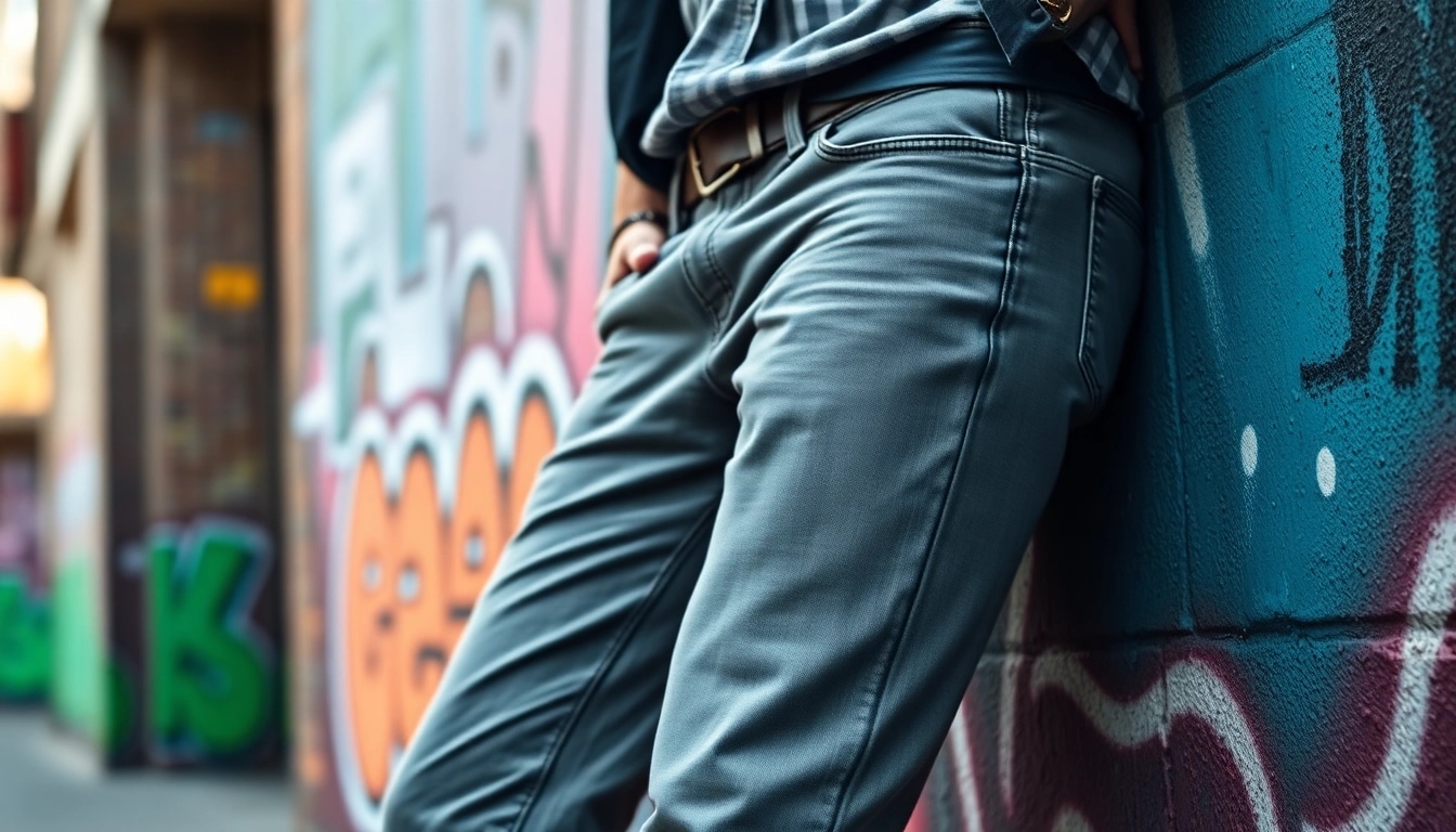 Grey jeans men showcased against vibrant urban street art in a stylish setting.