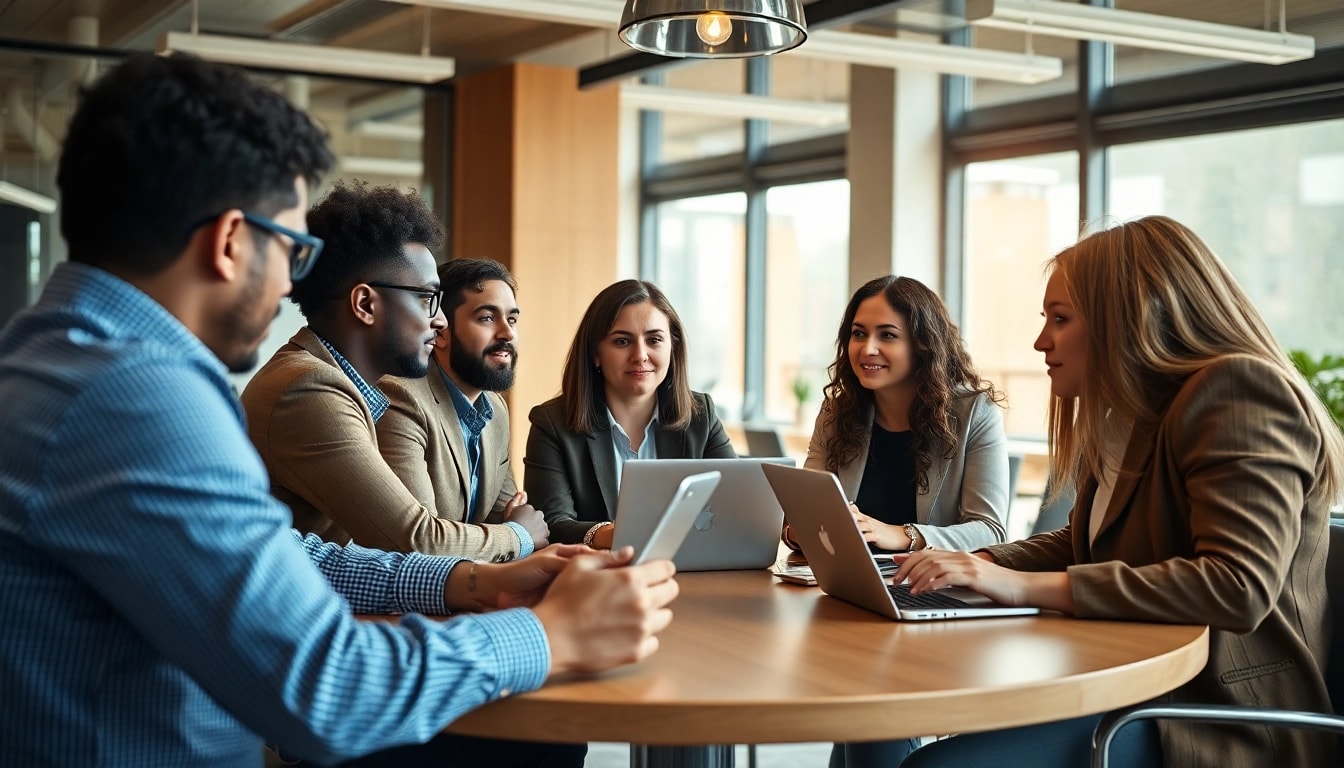Sales representatives discussing strategies to find companies hiring sales reps in a modern office.