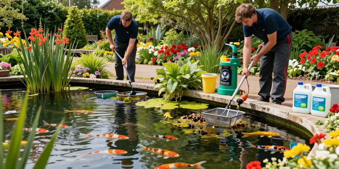 Professional Pond Cleaning Essex featuring experts cleaning a vibrant garden pond with aquatic plants and koi fish.