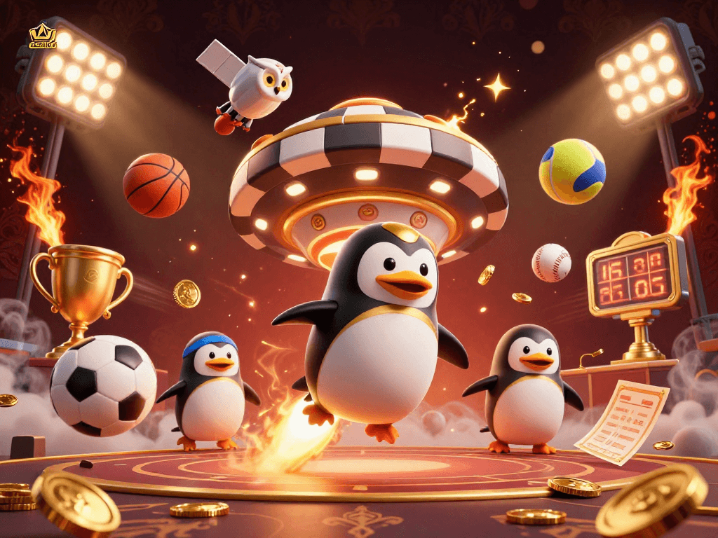 Experience thrilling casino action as a golden penguin rocket soars past a sparkling poker chip station.