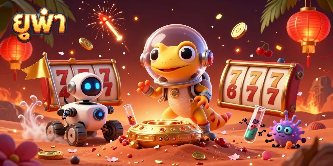 Engage in ยูฟ่า gaming with a vibrant 3D scene of a Martian gecko uncovering a golden casino.