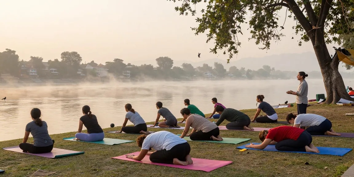 Students participating in a yoga teacher training course in India by the Ganges River during sunrise