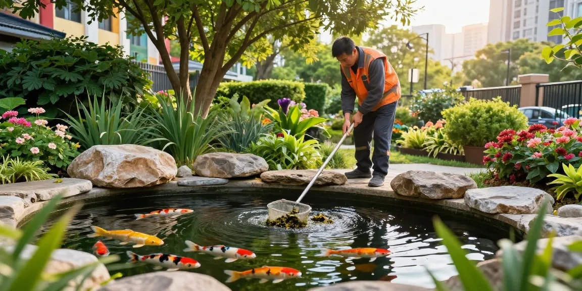 Pond Clean London: Professional pond cleaner servicing a vibrant urban pond with koi fish and greenery