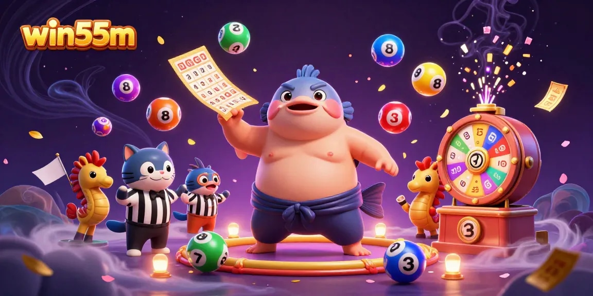 Experience thrilling gaming at win55m with a dynamic underwater casino scene featuring colorful lottery elements.