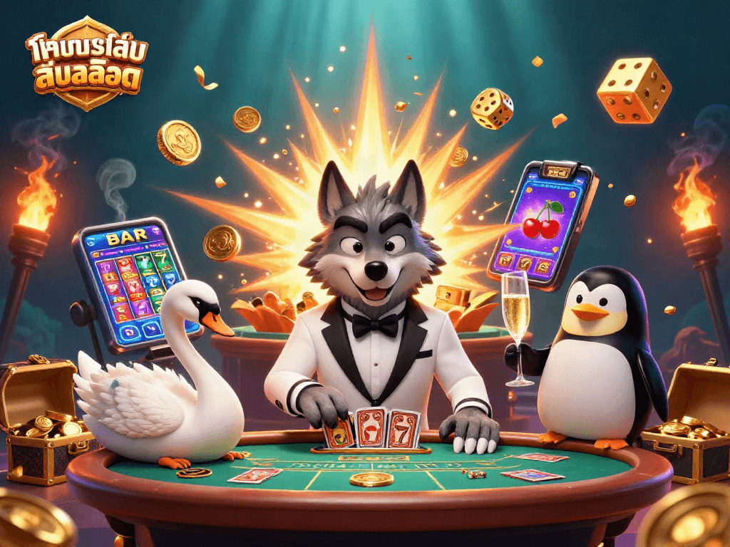 ทดลองเล่นสล็อต at a vibrant casino scene featuring animated characters, jackpot coins, and game elements.