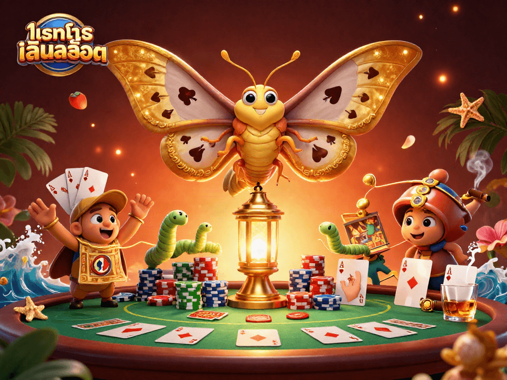 Engage in ทดลองเล่นสล็อต with vibrant 3D casino elements and an enchanting golden atlas moth.