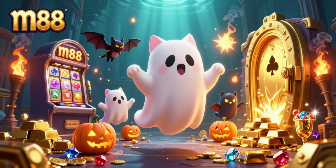 Engage with m88 in a vibrant casino scene featuring a ghost cat and treasures.