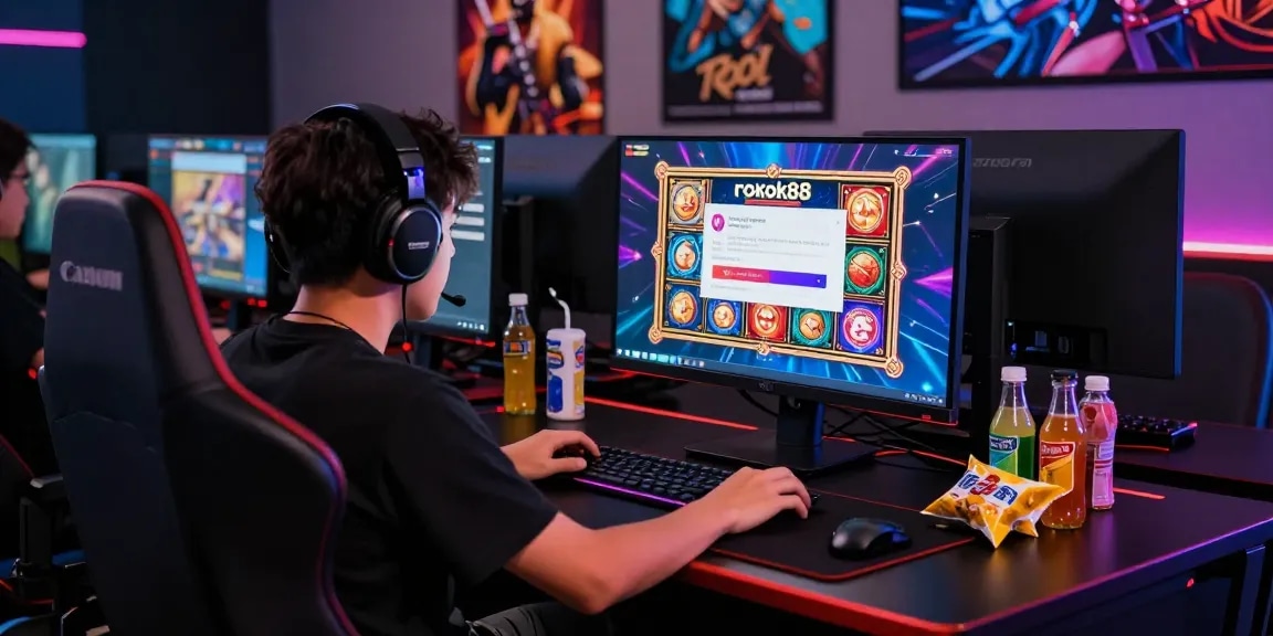 Player using rokok88 slot login in an immersive gaming setup with vibrant visuals and engaging atmosphere.