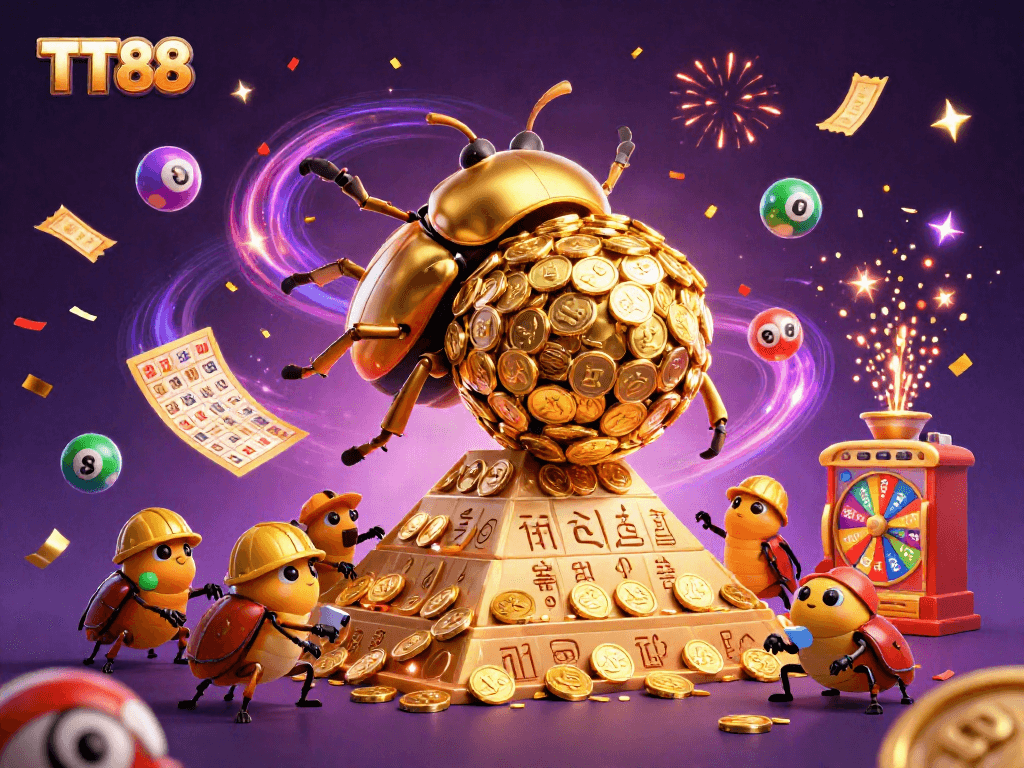Engage with the exciting TT88 casino scene filled with golden coins, lottery balls, and festive elements.