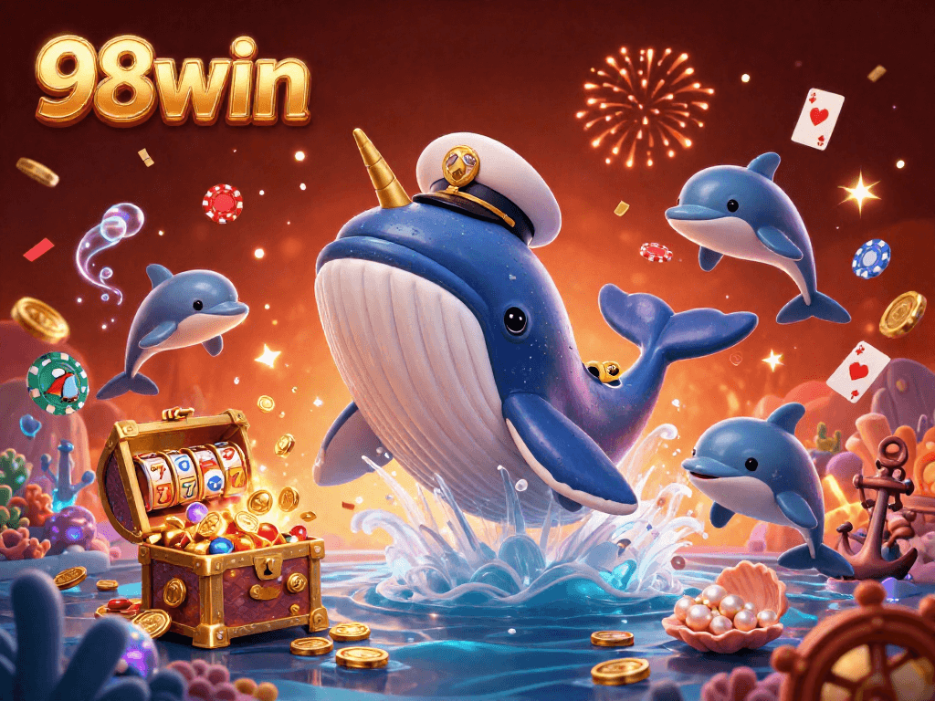 Experience the thrill of 98win as dazzling characters celebrate in a magical casino under the sea.