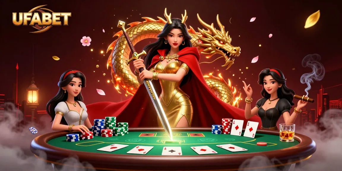 UFABET offers thrilling experiences with a captivating Asian warrior queen in a dynamic casino scene full of action.
