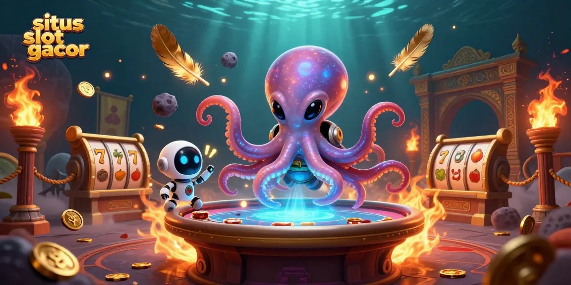 Experience fun at situs slot gacor with an animated alien octopus managing a poker table surrounded by colorful slot elements.