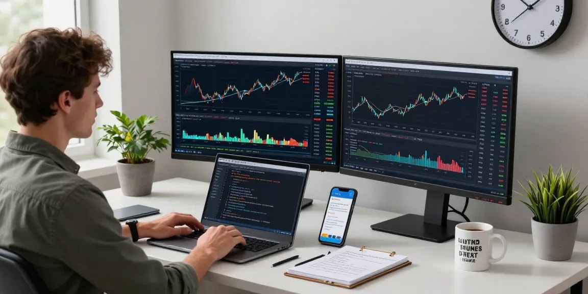 Dynamic workspace showcasing developer analyzing real-time forex data using the platinum live price API with multiple monitors, coding tools, and market indicators.