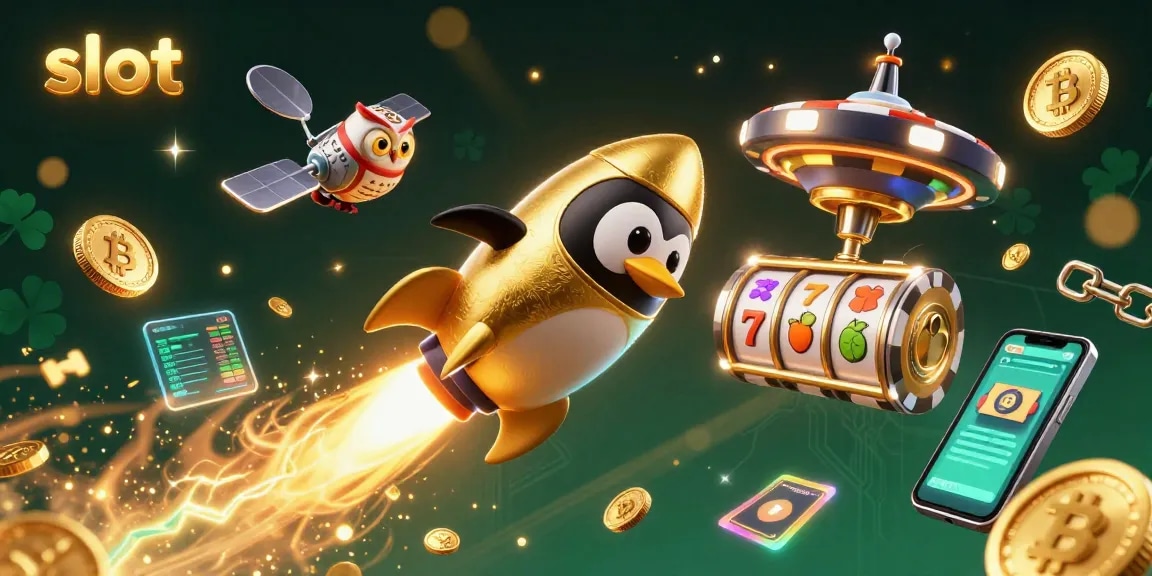 Engage with vibrant slot-themed excitement, featuring a penguin and casino imagery.