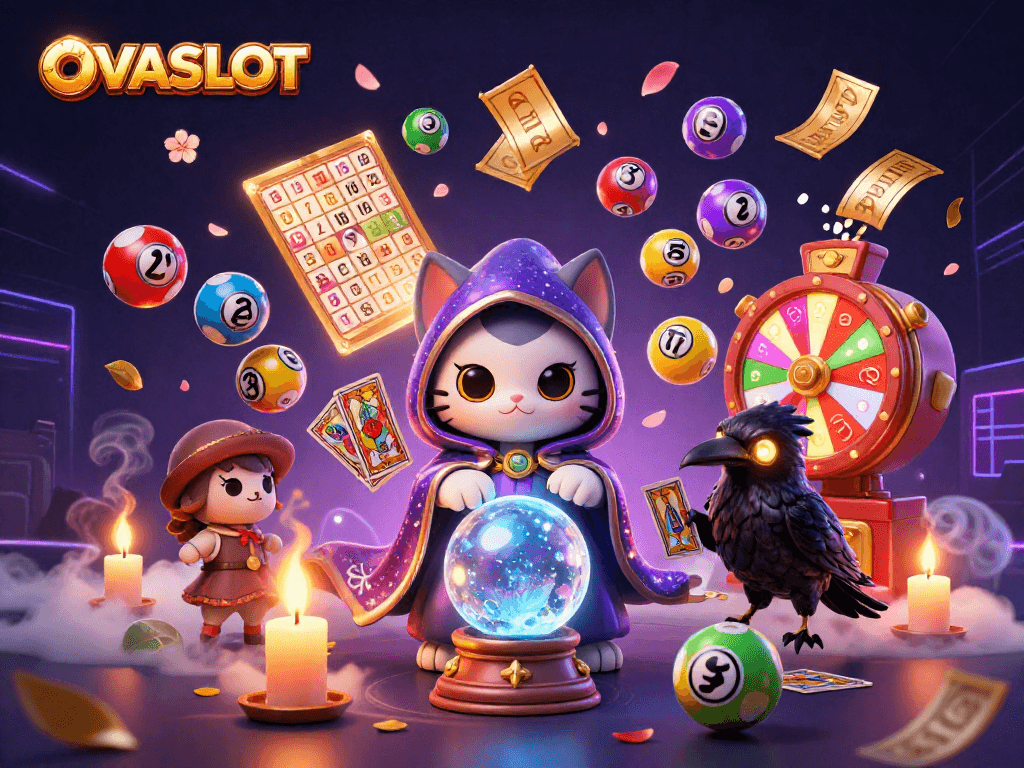 Engage with OVASLOT's vibrant casino world, featuring a mystical cat, glowing raven, and dynamic game elements.