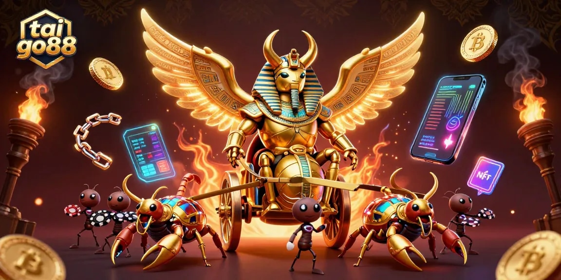 Engage in tai go88 with an illustrated adventure featuring golden scarabs and dynamic crypto elements.