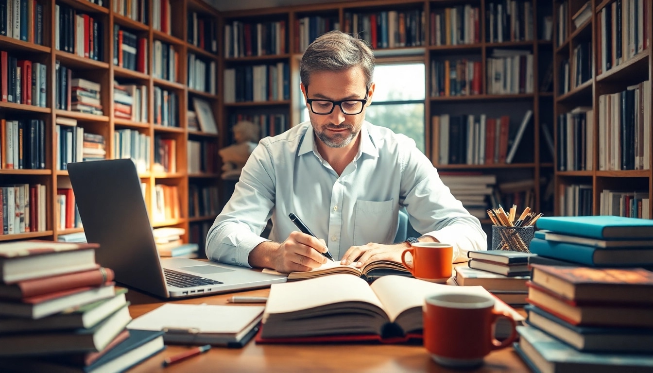 Author engaged in writing at a desk, showcasing a creative workspace with books and a laptop.