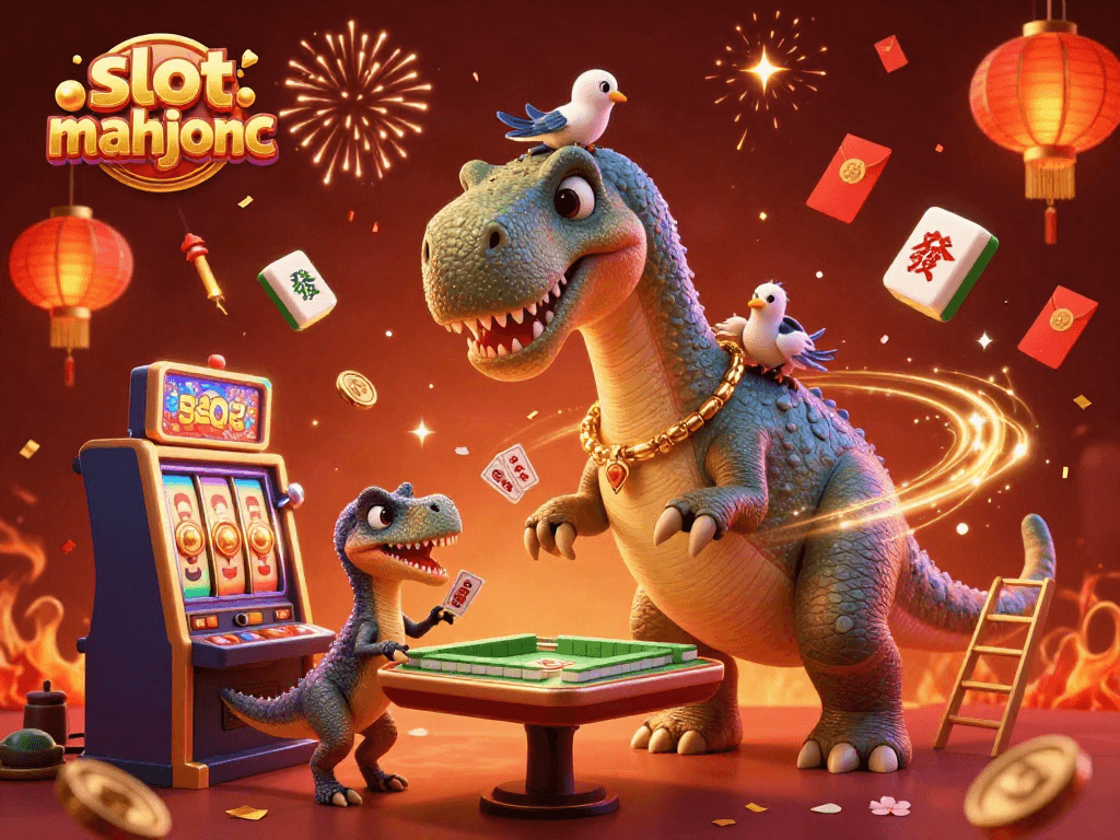 Engage with slot mahjong in an epic casino setting featuring dynamic characters and festive elements.