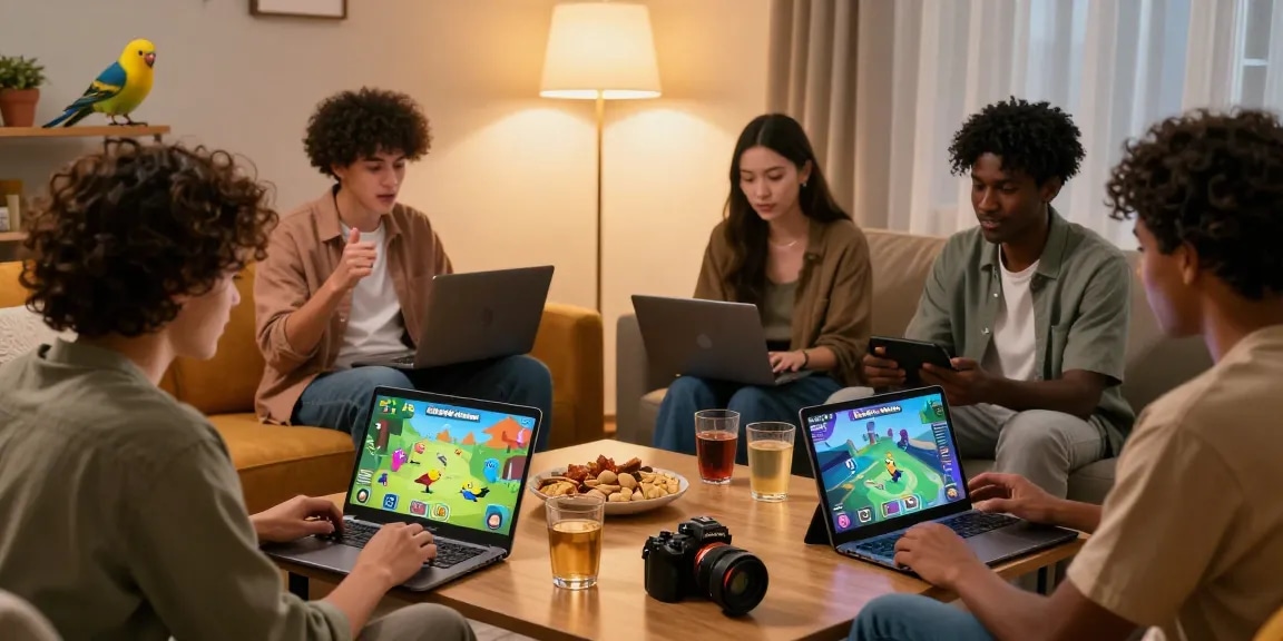 Friends enjoying ROKOK88 virtual bird game in a cozy living room, highlighting relaxation and gaming fun.