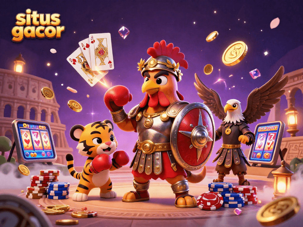 Situs gacor features a dynamic casino scene with a gladiator rooster and engaging elements.