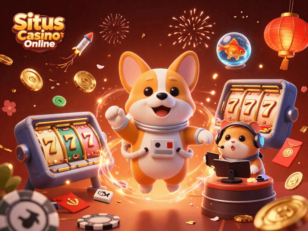Situs Casino Online engages players with a lively casino scene featuring fun characters in zero gravity.