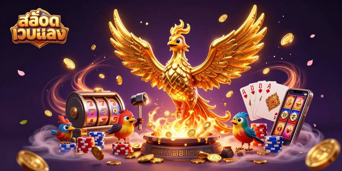 Experience the excitement of สล็อตเว็บตรง with a golden phoenix emerging from a forge, surrounded by coins and slot reels.