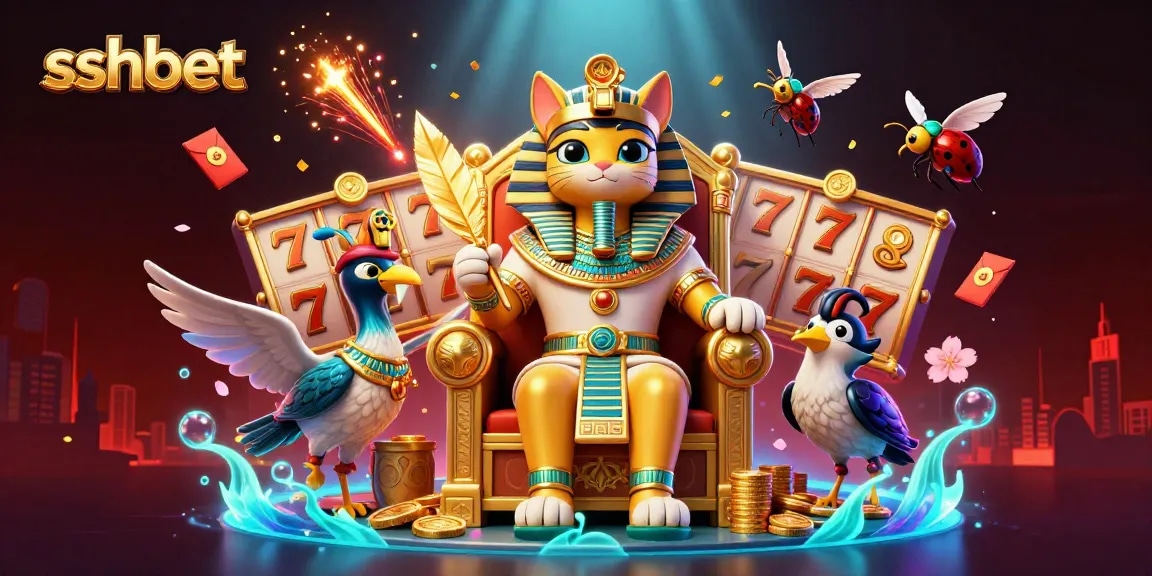 Play exciting games at sshbet featuring a golden throne and characters in a vibrant casino setting.
