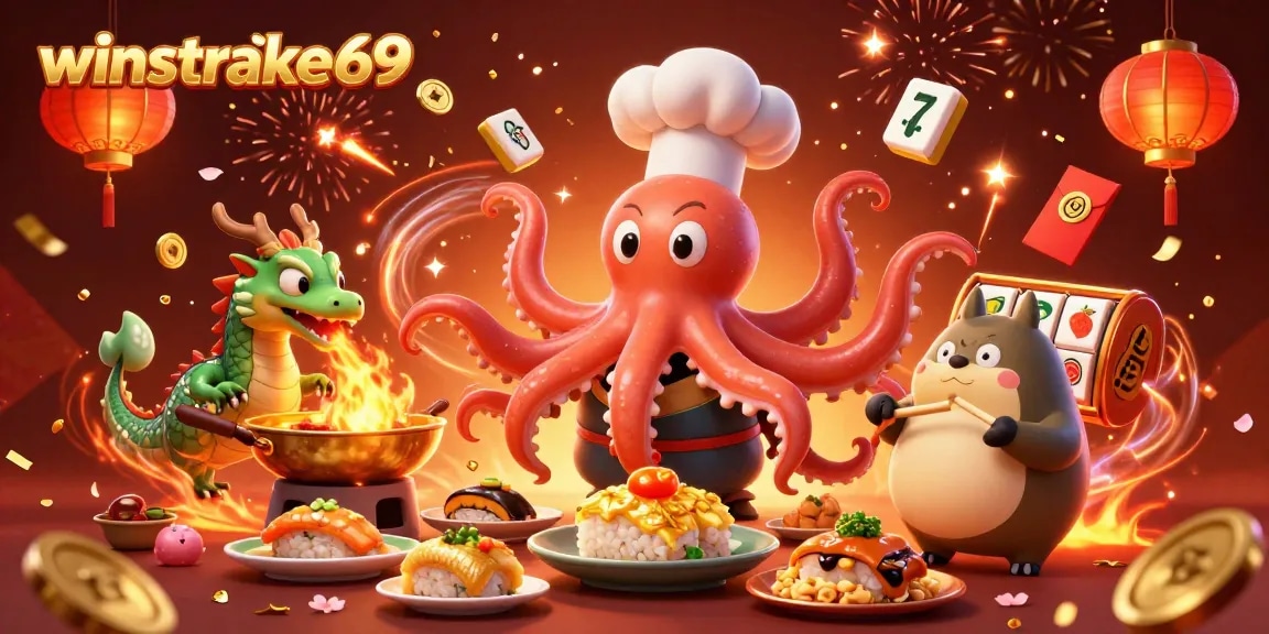 Winstrike69 showcases a 3D cartoon sushi chef octopus preparing dishes in a vibrant casino scene.
