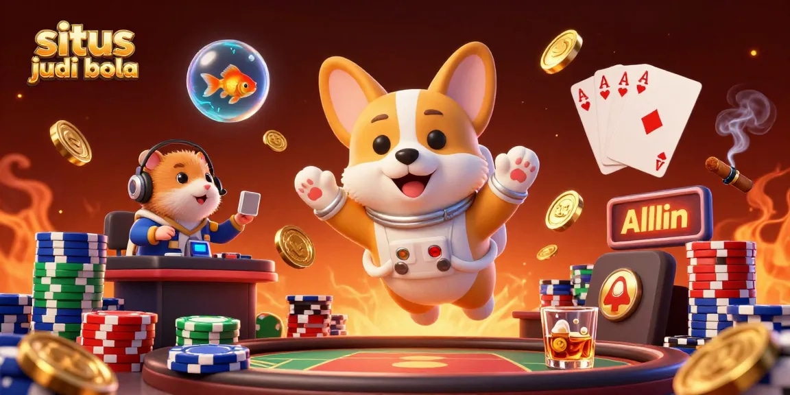 Situs judi bola experience with a cartoon astronaut corgi in a vibrant space casino scene