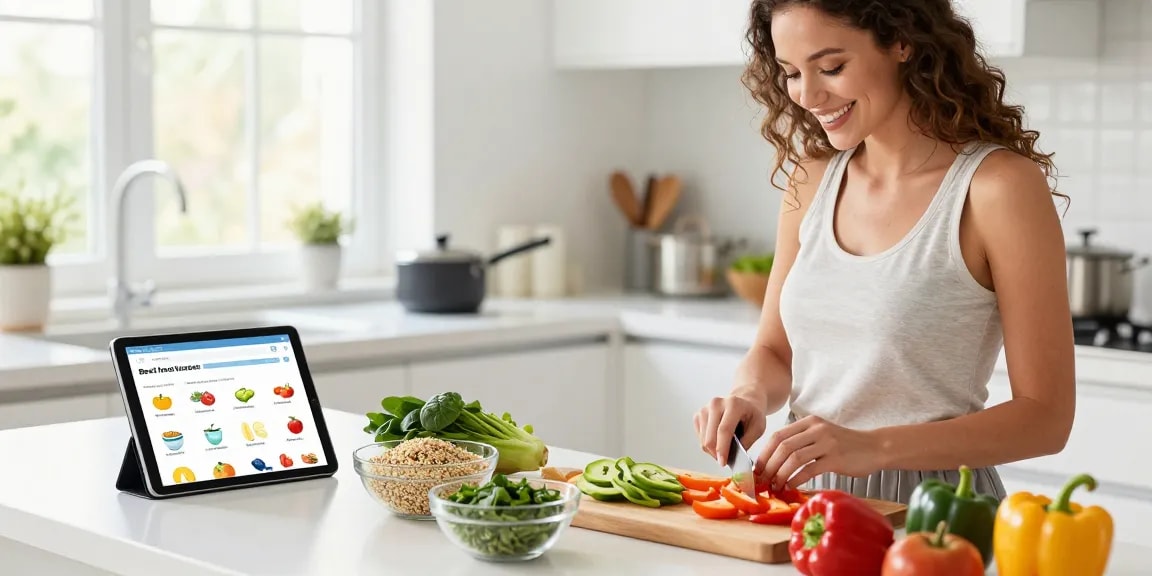 Best food tracker app displayed as a woman prepares a healthy meal in a bright kitchen.