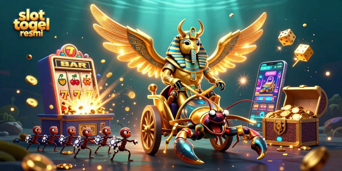 Experience the excitement of slot togel resmi with a vibrant 3D illustration of a beetle in chariot amidst casino elements.