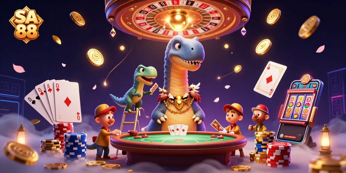 Experience thrilling SA 88 gameplay with a whimsical brontosaurus and clever raptor in a vibrant casino.