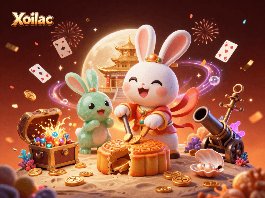 Xoilac offers exciting gaming adventures with dynamic visuals featuring a moon rabbit and thrilling casino elements.