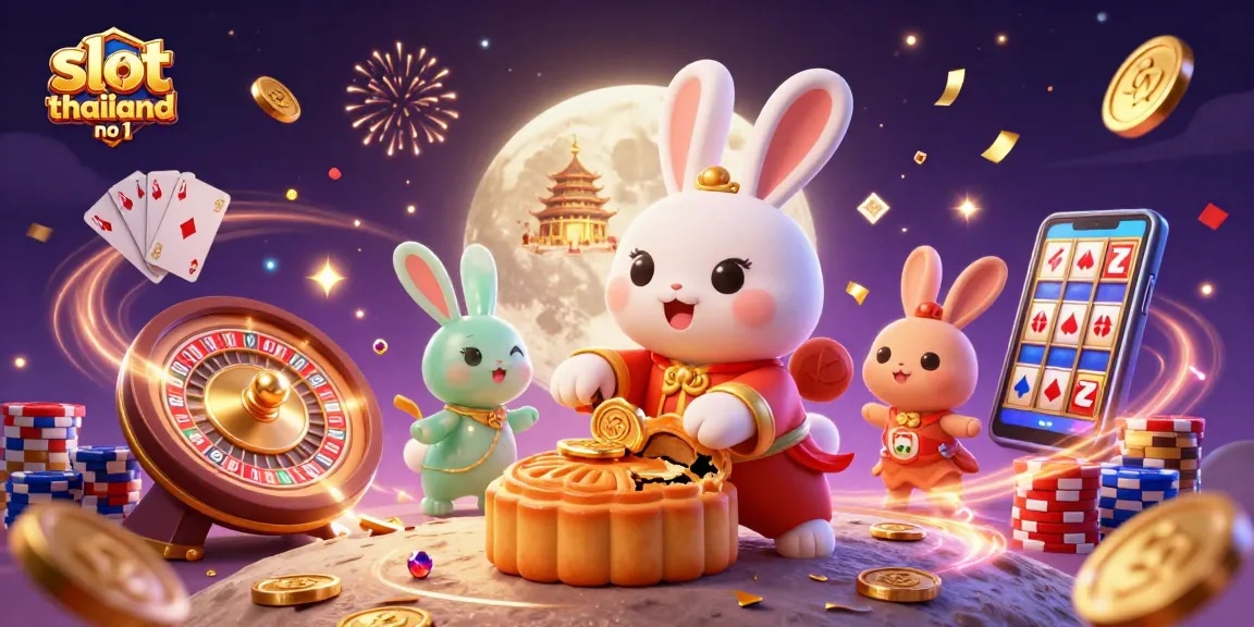 Engage with slot thailand no 1, featuring a whimsical moon rabbit scene with dynamic gambling elements and rich casino atmosphere.