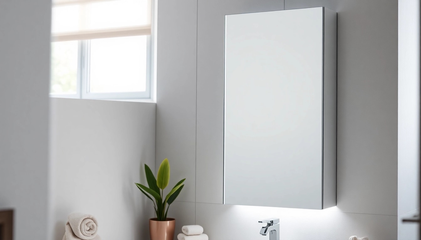 Showcasing a mirrored bathroom cabinet with light elegantly illuminating a stylish modern bathroom.