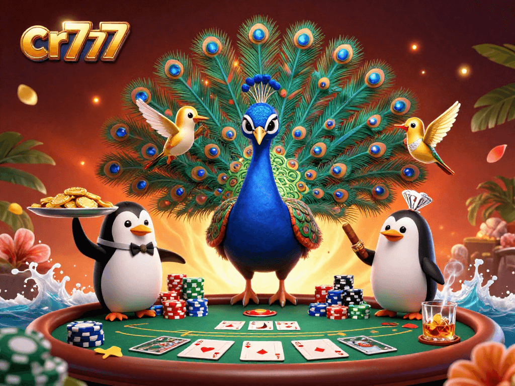 Permainan cr777 poker dibalut suasana mewah dengan burung merak dan penguin pelayan