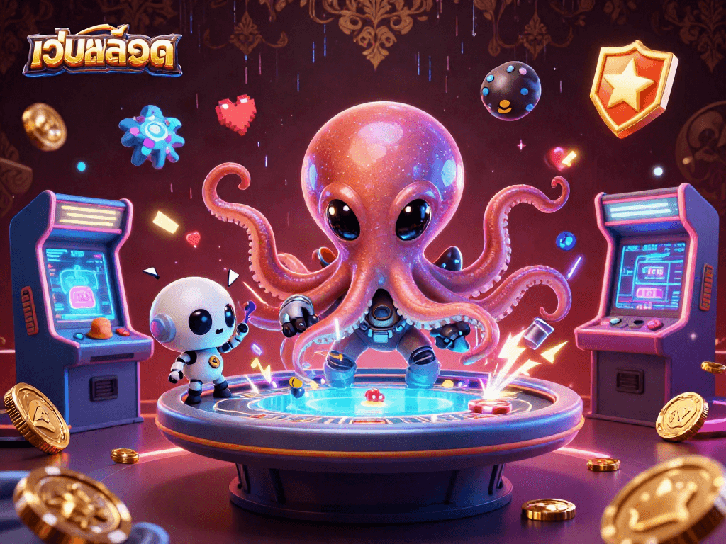 Engage with เว็บสล็อต at a vibrant alien casino featuring a holographic poker table.