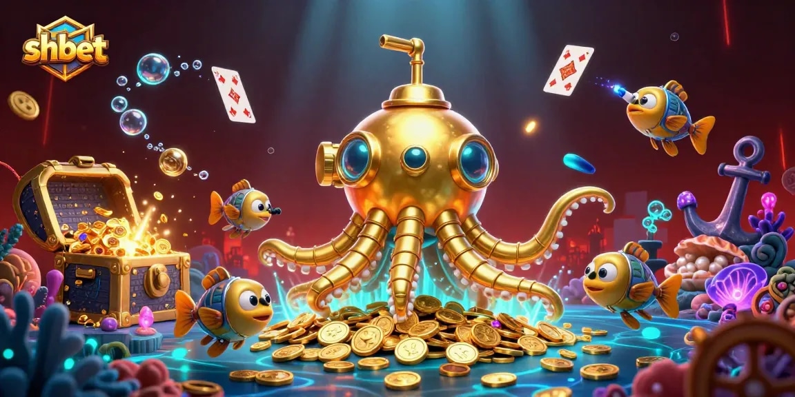 Engage with SHBET's thrilling gaming experience, featuring a golden kraken submarine and vibrant treasures.