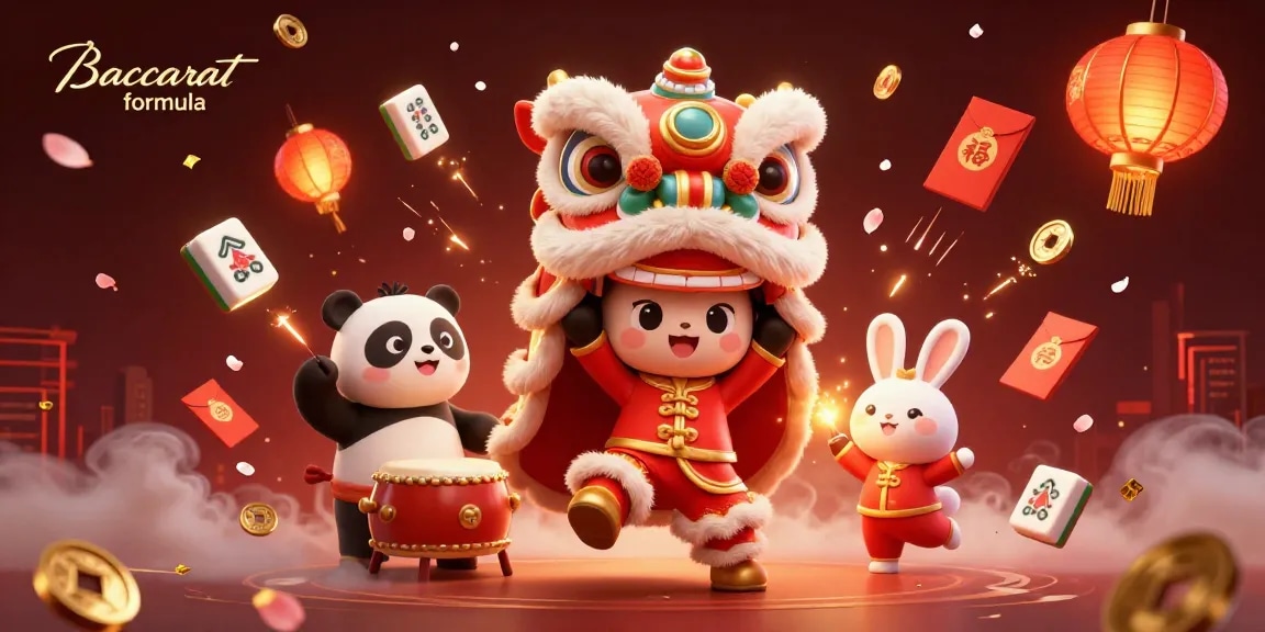Engage with the Baccarat formula illustrated by lively characters and festive casino symbols.