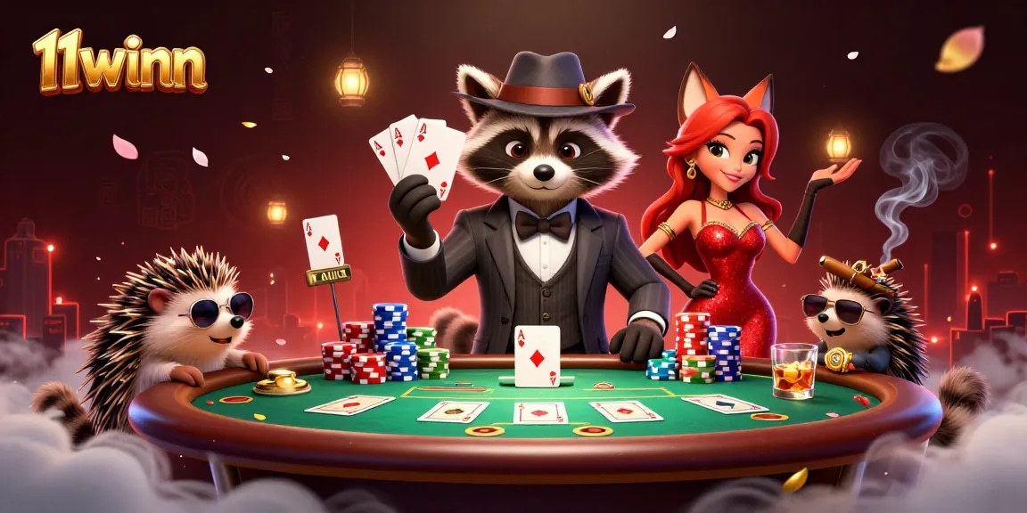 Visualize a high-stakes poker scene with charming characters at 11winn, highlighting royal flush action.