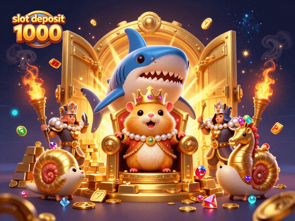 Menghadirkan slot deposit 1000, ilustrasi 3D kasino dengan raja hamster dan elemen kekayaan yang menyilaukan.