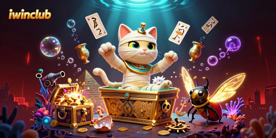 Engage with iwinclub in a vibrant casino scene featuring an Egyptian mummy cat and treasures.