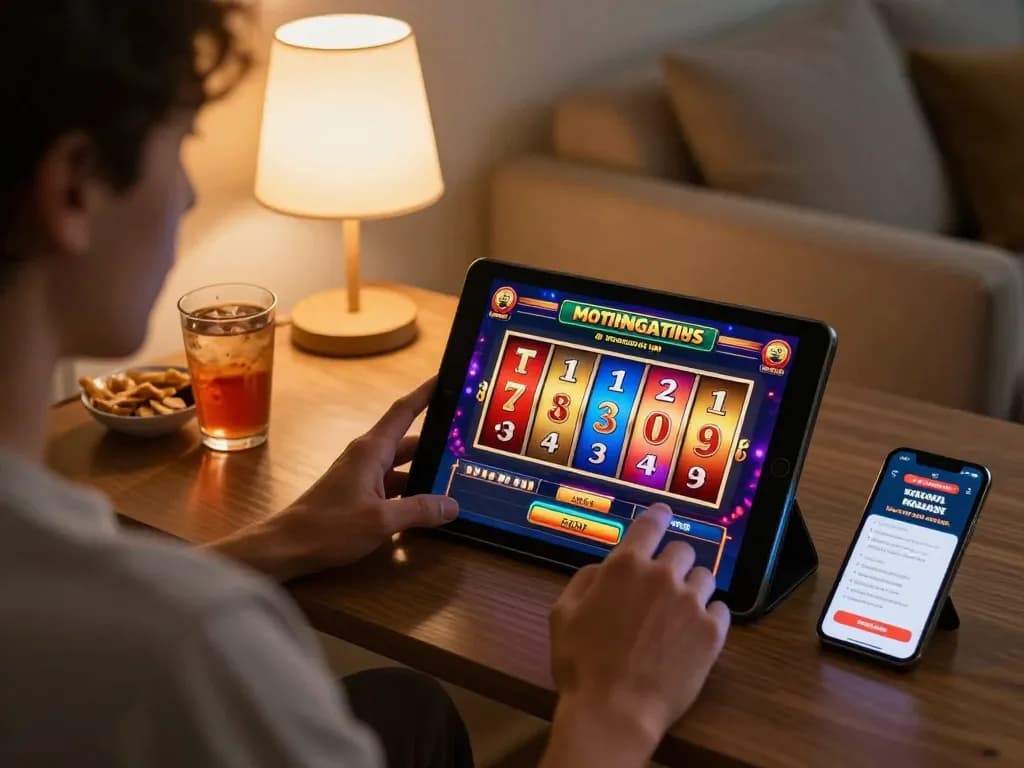 Player enjoying situs slot gacor game on a tablet in a cozy living room
