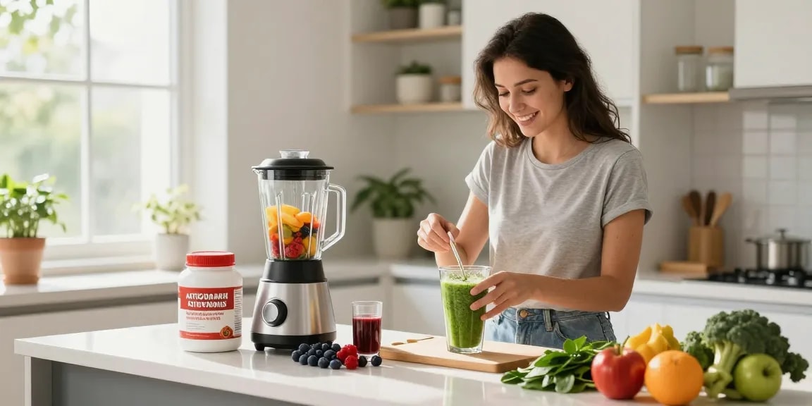 Creating a nutritious smoothie with antioxidant supplement Canada highlighted on the kitchen countertop