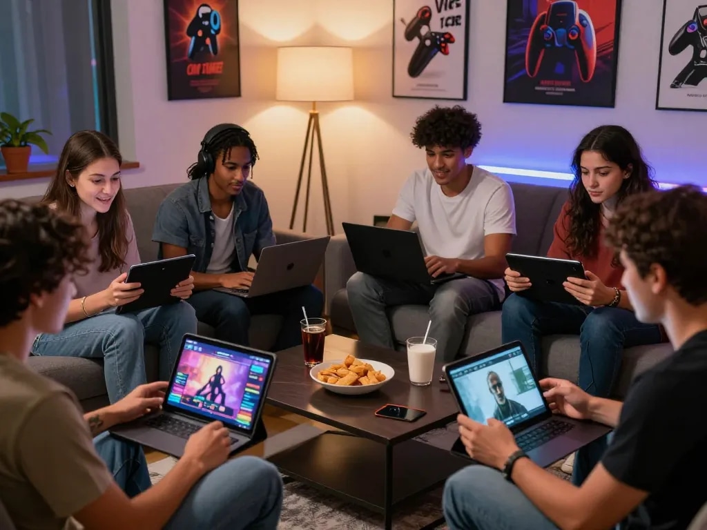 Friends enjoying porn games online in a cozy living room, showcasing modern gaming devices and a vibrant atmosphere.